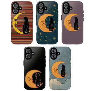 Vintage Black Cat on Crescent Moon Tough Phone Case, Aesthetic Lunar Night Sky Protective Cover, gift for cat lovers, aesthetic case