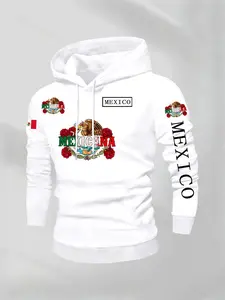 Men's Mexican Eagle & Rose Print Long Sleeve Hoodie, Sweatshirts, Fall Winter Casual Streetwear, Fashion Daily Wear, Loose Fit H-Type