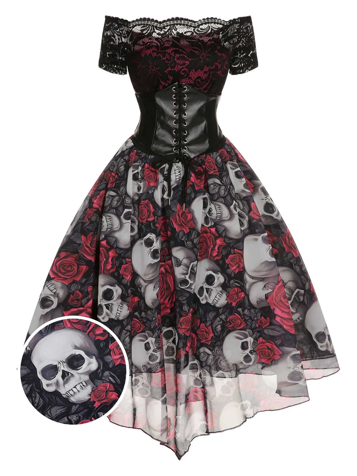 RETRO STAGE Lady's 1950s Vintage Style Swing Gown, Gothic Rose Print Knee-Length A-Line with Belted Mesh Top