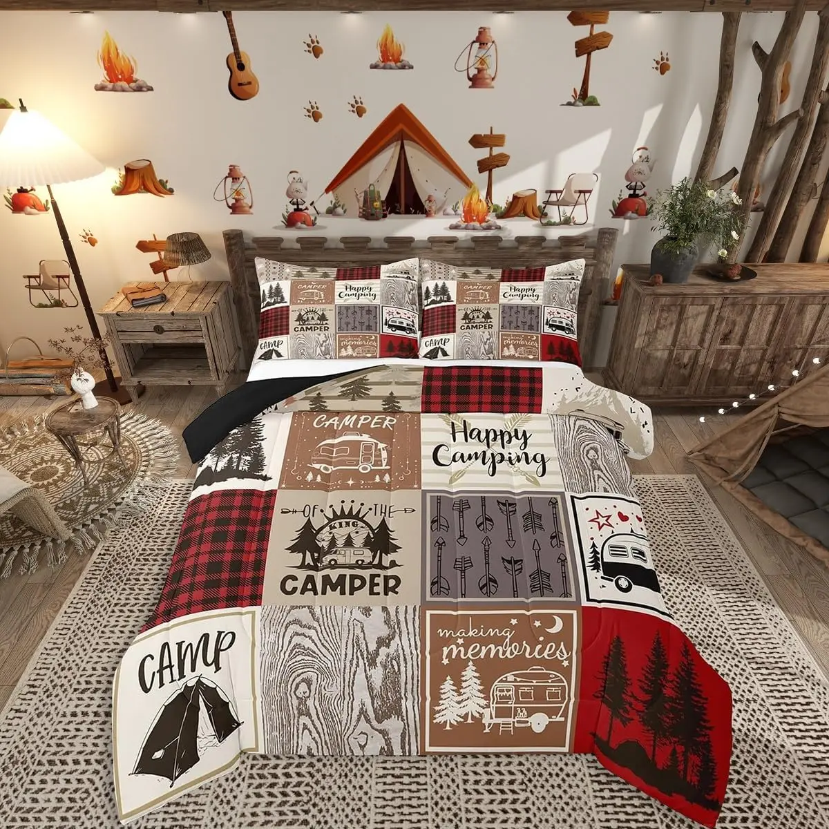 Feelyou Short RV Camper Bunk Comforter Set - Patchwork Buffalo Plaid Pine Tree Arrow Design, RV Camper Accessory, Bedroom Bedding Set, Decorative Bedding, Decorative Bedding Set