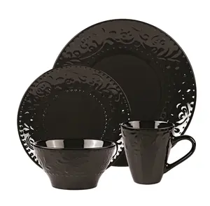 212 MAIN 16-Piece Modern Stoneware Scroll Dinnerware Service Set, Black - Tableware Kit with Mugs, Plates Bowls Sets for Kitchen Table Needs, Mug
