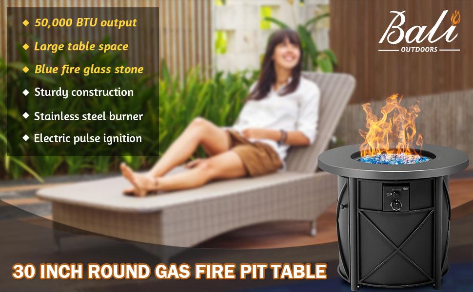 BALI OUTDOORS 28''-42'' Gas Fire Pit Table – 50,000 BTU Propane Fire Column with Blue Glass Stones for Patio & Garden