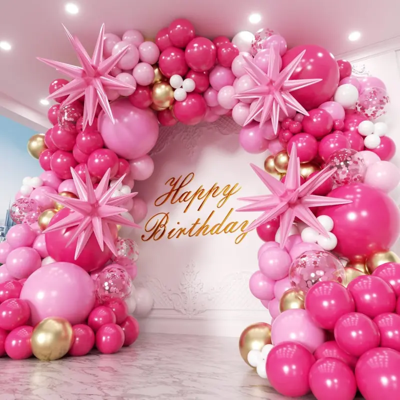 Hot Pink Rubber Balloon Arch Set - 180pcs Multi-Sizes (22/18/12/10/5in) Pink Shades, White & Gold Balloons with Star Accents for Valentine’s Day, Birthday Decorations