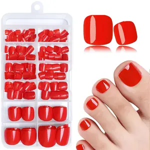 120Pcs Press on Toenails Short, DIY False Toenails, Red Fake Toe Nails Press ons Toenail Tips Solid Color Glossy Artificial Nail Art Kit Full Cover Summer False Toenail Stick on Nails for Women and Girls Foot Decor, Nail Extension Set