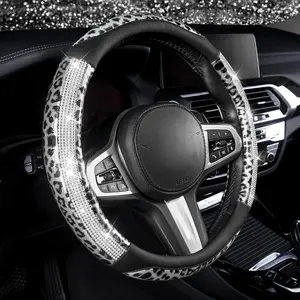 Leopard Steering Wheel Cover - Bling Crystal Rhinestones Cheetah Print on Leather Non-Slip Breathable Design for Women/Girls Universal Fit 14.5-15 Inch(Black & Silver)