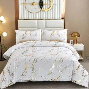 White Gold Marble Comforter Queen Foil Sets with 2 Pillowcases for Seasons, Microfiber Filling Duvet 90"x90"