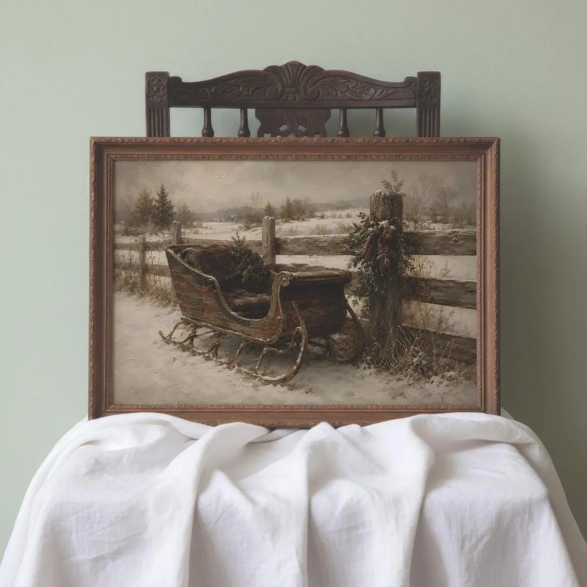 Vintage Sleigh Wall Art | Rustic Christmas Decor | Antique Wooden Sleigh Print | Snowy Farmhouse Winter Painting | Christmas Wall Art, Cool Colors, Brighten Up Your Look, Fun Graphics
