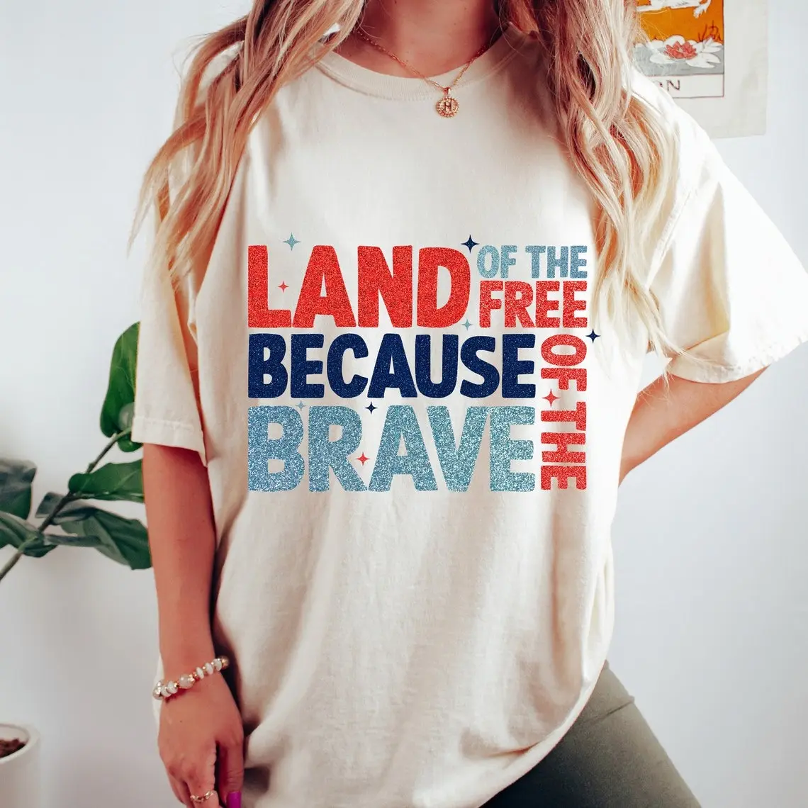 Land Of The Free Because Of The Brave Shirt, Glitter Memorial Day Shirt, American Flag Shirt, Sublimation Design Shirt, Patriotic Shirt, Stars and Stripes, Top Shirt Womenswear, Cotton