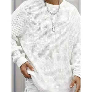 Men's Soft White Waffle Knit Long Sleeve Pullover - Casual Loose Fit Round Neck Sweater, Lightweight & Breathable For All Seasons Fabric Knitwear Menswear Nylon