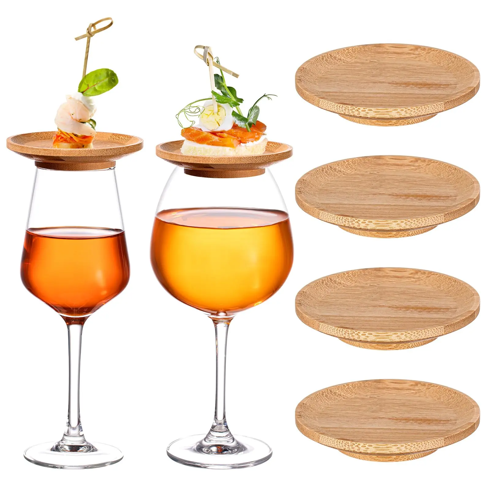 4-Pack 4 in Round Natural Bamboo Dual-Use Tops - Durable Bug-Proof Wine Glass Charcuterie Toppers, Hand Wash Safe Casual Drinkware Accessories for House Party, Watch Party, Backyard Gathering Gifts