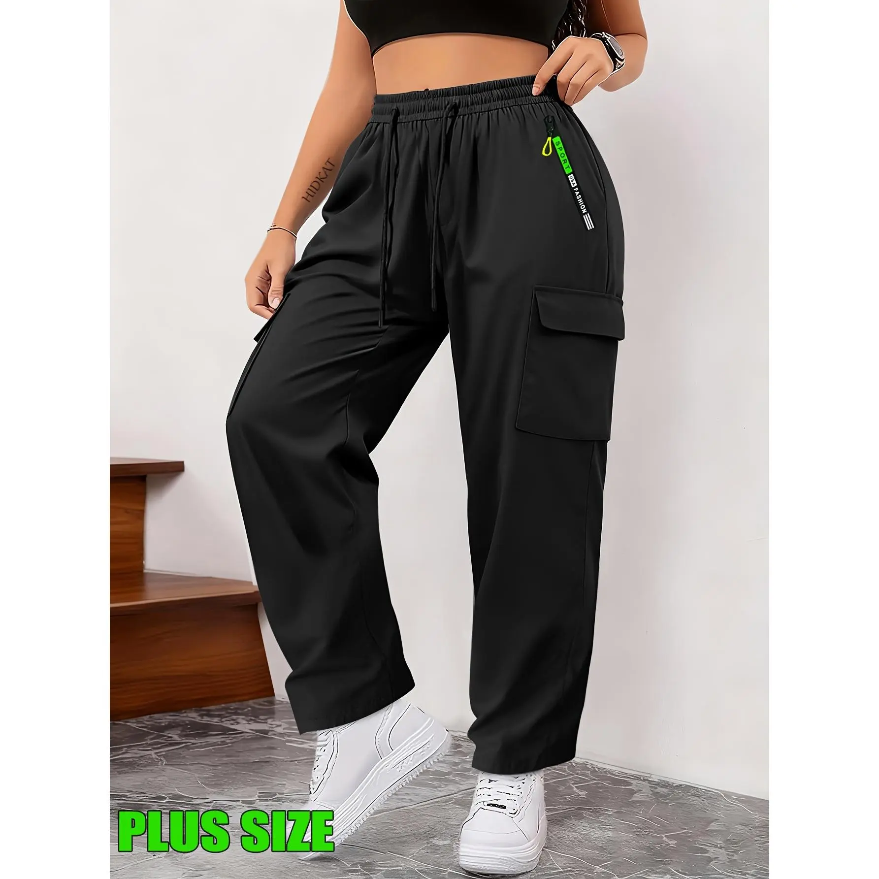 Plus-Size Women's Wide-Leg Cargo Trousers with Elastic Waistband: Full-Length, Adjustable Drawstring, Belt-Free Design, Heavy-Duty Fabric – Suitable for Office, Casual and Outdoor Wear, Ideal for Spring and Fall