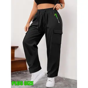 Plus-Size Women's Wide-Leg Cargo Trousers with Elastic Waistband: Full-Length, Adjustable Drawstring, Belt-Free Design, Heavy-Duty Fabric – Suitable for Office, Casual and Outdoor Wear, Ideal for Spring and Fall