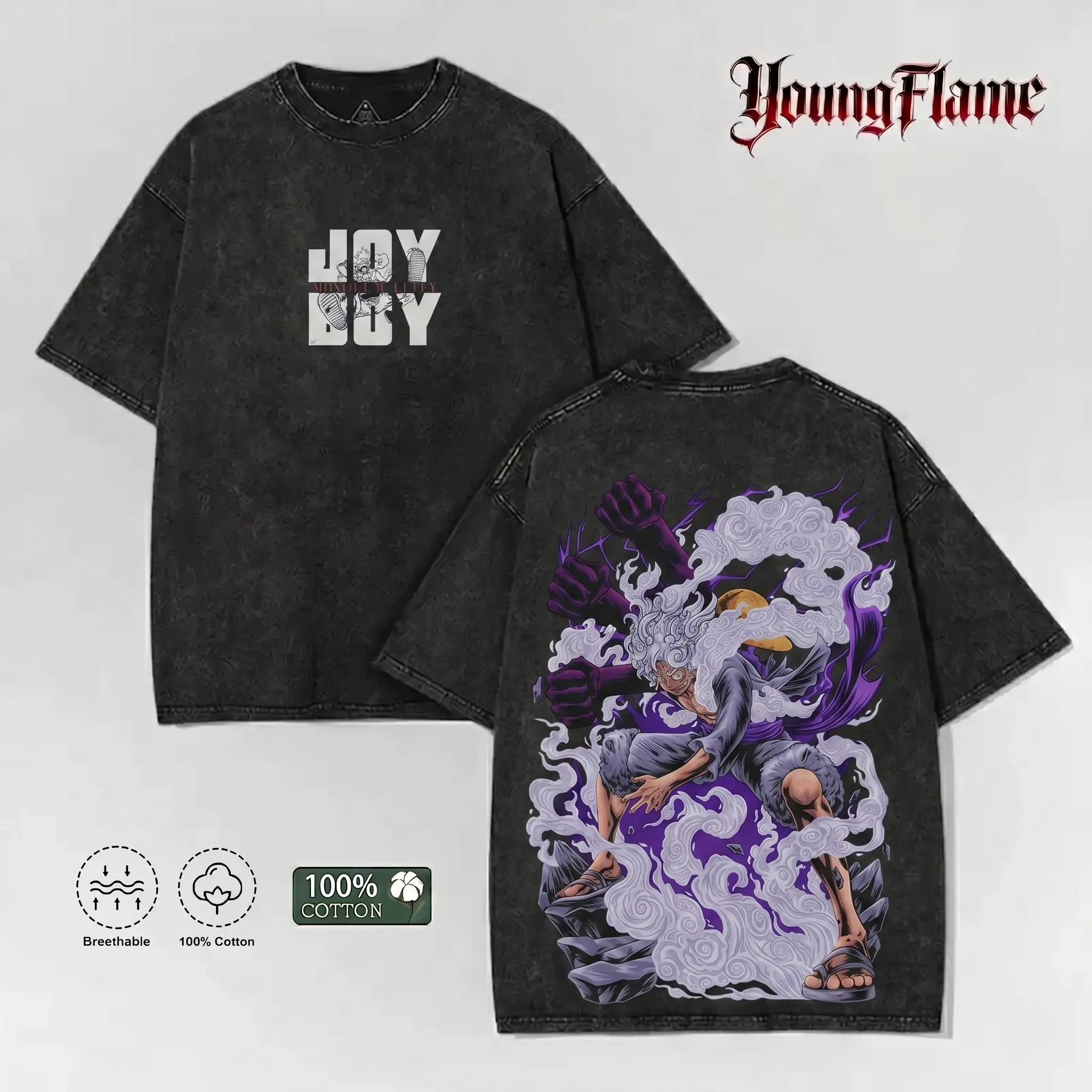 Pirate Anime Acid Wash Graphic Tee | Sun God Purple Lightning Oversized T-Shirt | 100% Heavy Cotton Men's Streetwear 2026