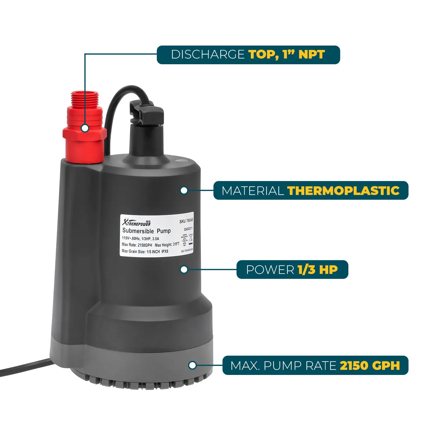 XtremepowerUS 1/3HP Anti-Clogging Drainage Submersible Utility Pump - 2150GPH Swimming Pool Pump with 31ft Lift Height, Swimming Pool Pumps