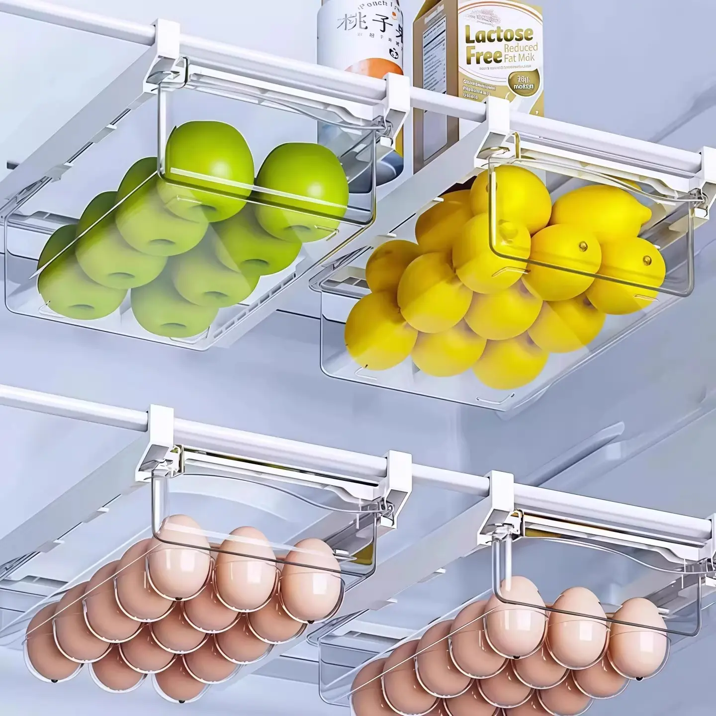Punch-Free Fridge Hanging Rack, Drawer Type Food Storage Container, Multifunctional Egg Tray & Refrigerator Organizer
