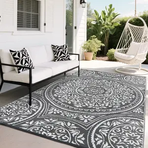 Waterproof Plastic Grass Rug Washable Double-Sided Reversible Large Floral Print Easy-to-Clean UV Resistant for Gardens Patios Picnics Beaches RVs Balconies
