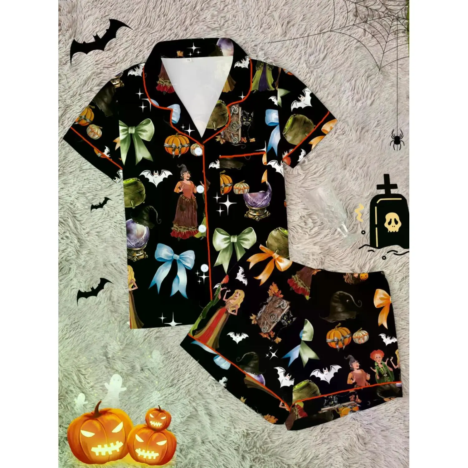 Vintage Halloween Pumpkin & Bat Print Women's Matching Pajama Set, Cozy Sleepwear for Home or Celebration, Perfect Party Gift