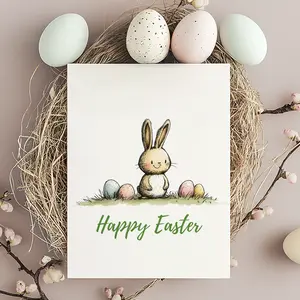 Hand Drawn Easter Bunny Card | Cute Watercolor Easter Greeting | Spring Holiday Card | Easter Rabbit Illustration | Pastel Egg Card