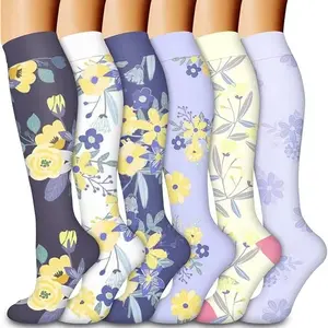 Socks Laboratory  6 Pack Pastel Flower Print Compression Socks  Moisture-Wicking Non-Slip Cuff  Ideal for Office Travel & Post-Workout Recovery