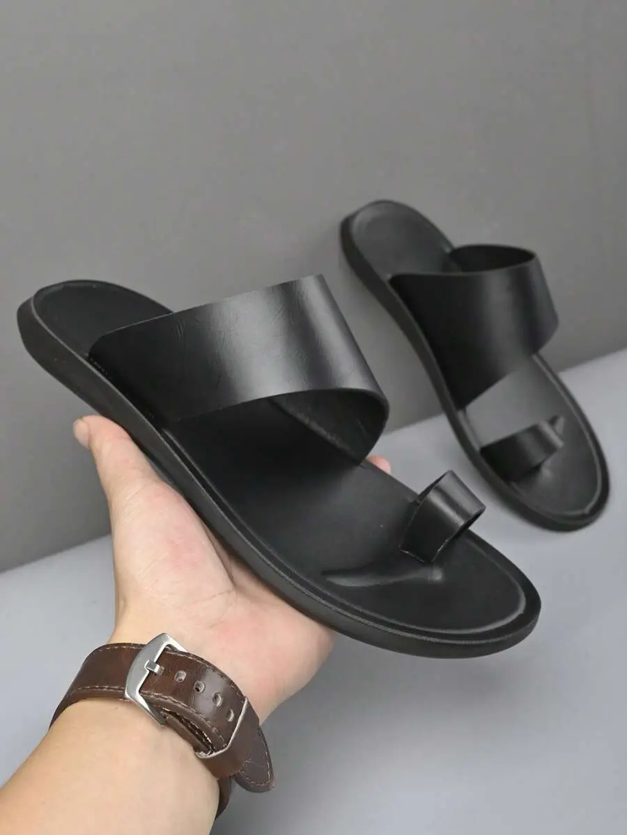 Men's Open-Toe Toe-Ring Sandals, Minimalist Slip-On Design, PU Leather Upper, Lightweight Non-Slip Sole, Comfortable Casual Summer Footwear