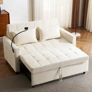 56.9" Sleeper Sofa Bed Loveseat Couch Pull-out Sofa Bed Sleeper Sofa with a Reversible Backrest Cushion, Side Pockets, Two USB Ports and a Phone Holder for Living Room, Beige