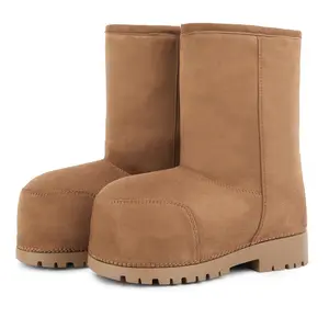 【New arrive】Women's Brown Fur Winter Boots Suede Hippy Mid-Calf Platform Booties Slip-On Round Toe with Fur Lining Non-Slip Comfortable for Daily Wear Footwear