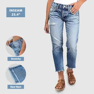 Flamingals Raw Hem Ripped Mid Rise Straight Leg Crop Jeans Women's Fashion Summer Vibes