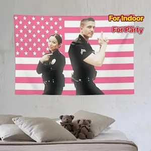 1pc 2D Printed Newlyweds Lucy and Tim Bradford Tapestry Poster with Eric Winter Pink American Flag Background Wall Decor, Perfect Gift for Indoor Décor in Living Room Bedroom Office Home Walls/Room Party Hanging High-Quality Artwork
