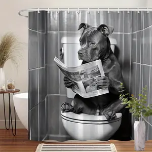 Humorous Bulldog Dog Pattern Forest Shower Curtain Design, Polyester Fabric, Windows and Walls, Bathtub, Bathroom Home Decoration Shower Curtain, Four Seasons Universal Shower Curtain, Bathroom Decoration Curtain, Shower Curtain Sets, Comes with 12 Hooks