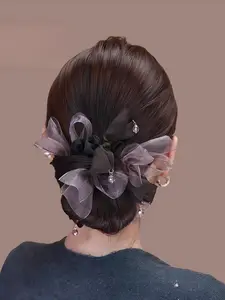 Elegant Handmade Net Bow Crystal Hair Tie Scrunchie, Women's Stylish Ponytail Holder, Beautiful Hair Accessory for Daily Use