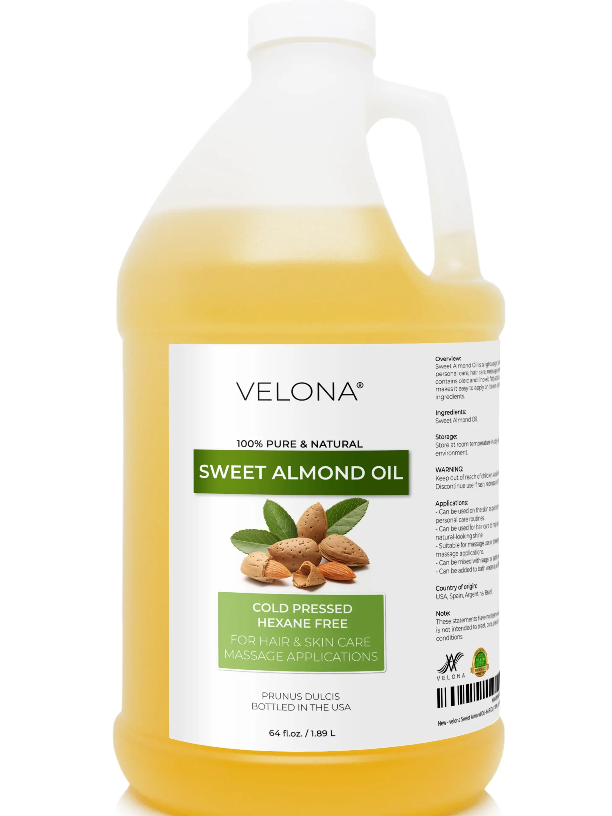 velona Sweet Almond Oil - 64 Fl Oz | 100% Pure and Natural Carrier Oil | Refined, Cold Pressed | Skin, Hair, Body & Face Moisturizing