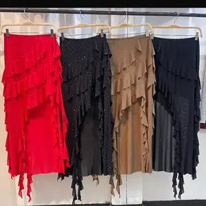 Lorena Skirt - Ruffled Design, Available in Red, Black, Brown & Silver Perfect for Casual & Formal Wear 95% Polyester 5% Spandex