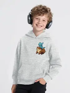 Boys' Spring & Fall Casual Trendy Cartoon Animal Print Hooded Long Sleeve Sweatshirt, Comfortable Loose Fit Pullover, Medium to Large Kids