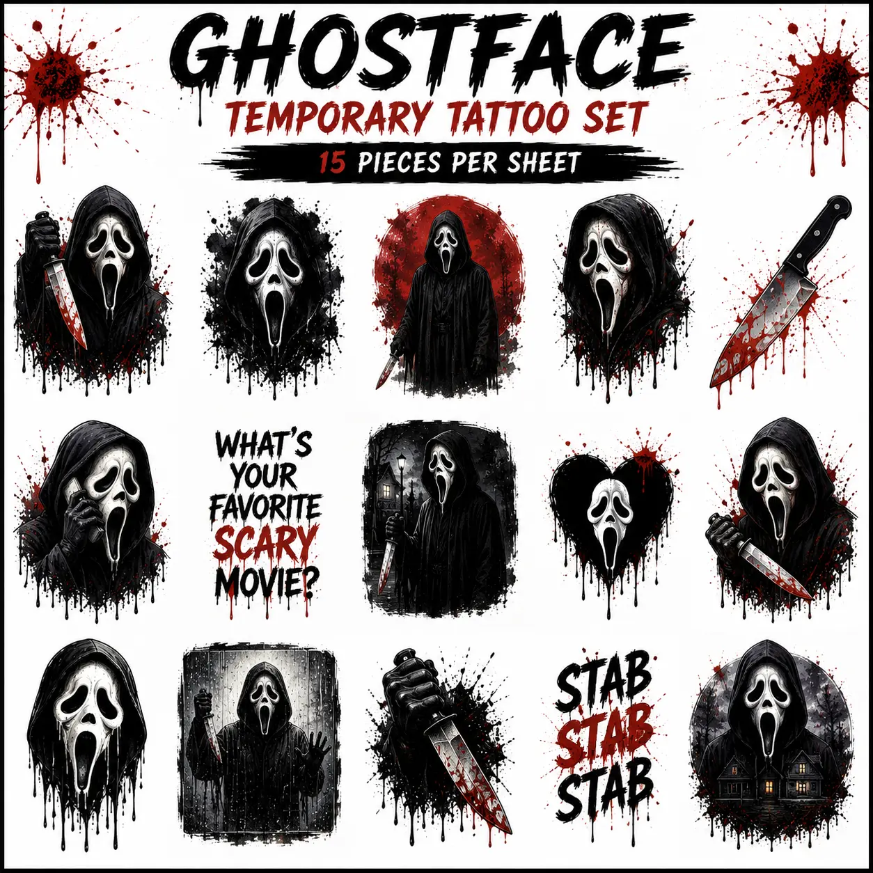 Ghostface Temporary Tattoo Set, 15 Pieces, Halloween Horror Tattoos, Scary Mask Body Stickers, Horror Movie Inspired Temporary Tattoos for Adults & Teens, Halloween Party Costume Accessories