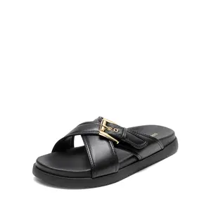 Dream Pairs Luxurious Black Slide Sandals with Gold Buckle - Perfect for a Chic and Comfortable Look Footwear Women Girl Summer Casual Design Stylish Walking Shoes