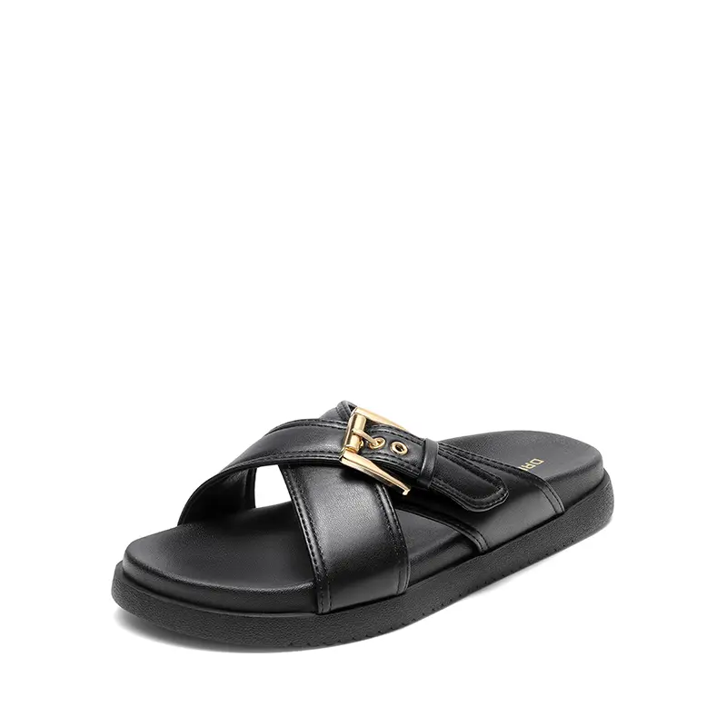 DREAM PAIRS Women's Black PU Strap Sandals - Luxurious Gold Buckle, Soft Bottom, Chic Design for Summer Casual Walking, Comfortable Women's Black Sandals, Soft Bottom Sandals