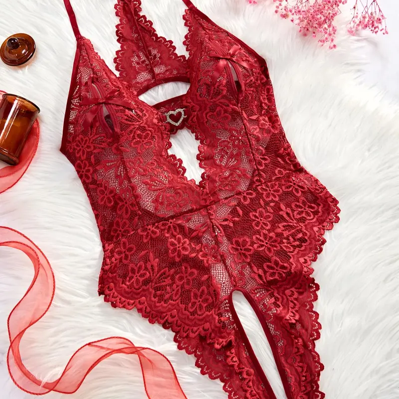 Women's Floral Lace Scallop Trim Cut Out Sheer Crotchless Sexy Costume, Bow Front Rhinestone Heart Decor Sleeveless Lingerie, Ladies Summer Clothes
