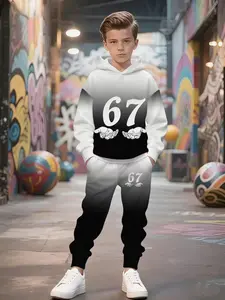 Kids Gradient and Set with Number 67 Print Hoodie and Tapered Pants, Stylish Streetwear for Fall and Winter