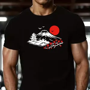 Japanese Mount Fuji T-Shirt, Cherry Blossom & Pagoda Graphic Tee, Minimalist Asian Nature Shirt