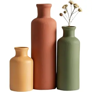 Ceramic Vase Set of 3, Neutral Colors, Decorative Bottles for Home Farmhouse Rustic Decor, Ideal for Housewarming Wedding Bridal Shower Birthday Gifts for Women (Green Mix)