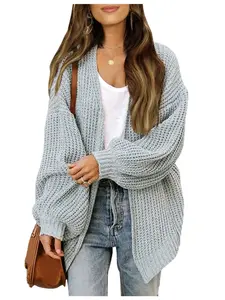 Women's lantern sleeve coarse-stitch cardigan 2024 autumn/Winter new pocket knitted sweater women's coat