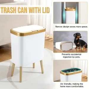 Bathroom Trash Can with Lid - 4 Gallon Plastic Garbage Can with Gold Accents for Modern Décor, Secure Lid, and Durable Design