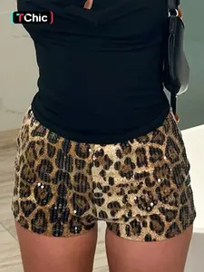 Women's Leopard Print Sequin Fitted Fashion Shorts, Casual Comfy Breathable Shorts for Daily Wear, Ladies Bottoms for Summer