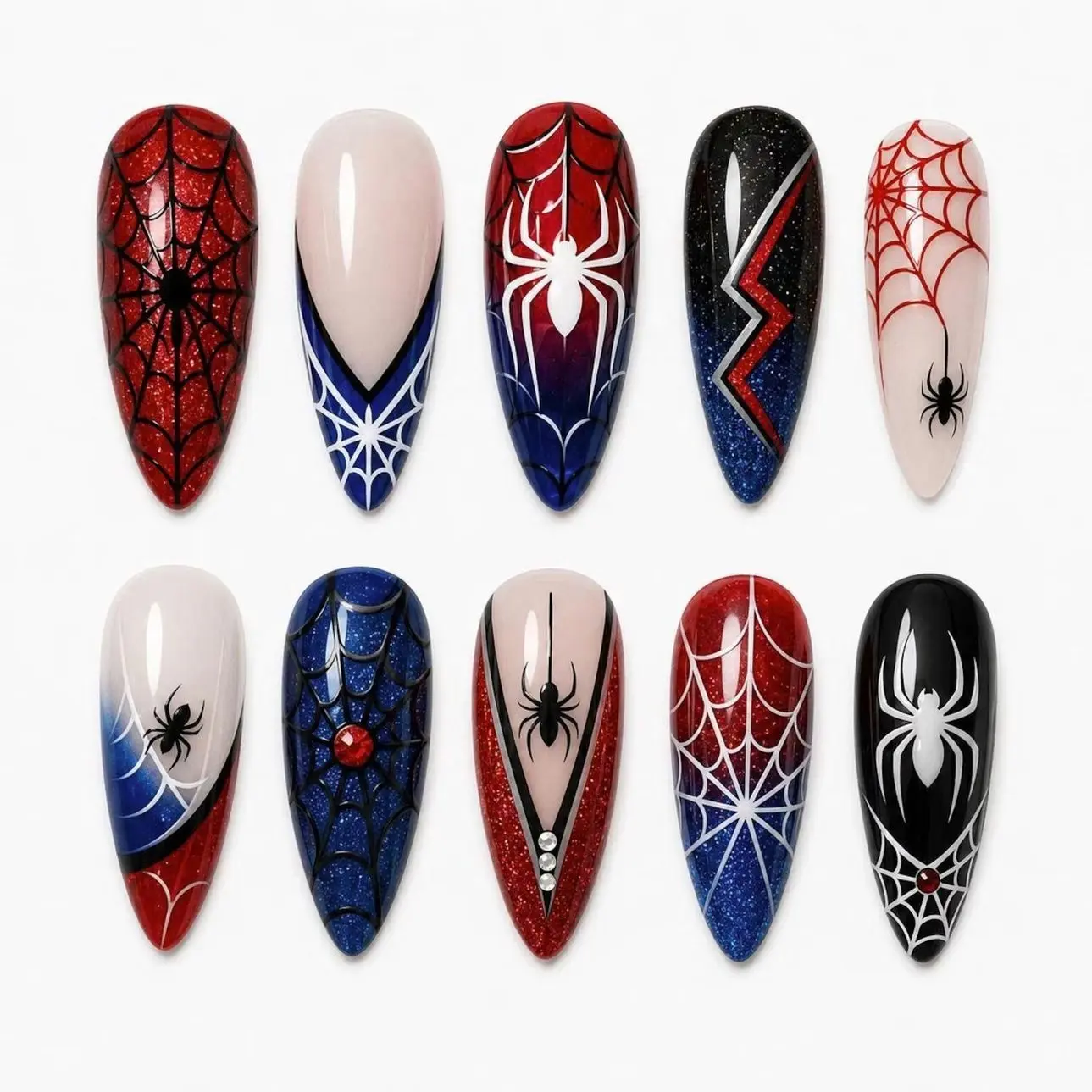 Handmade Hero Inspired Press On Nails | Red Blue Spider Web Design | Graphic Comic Style