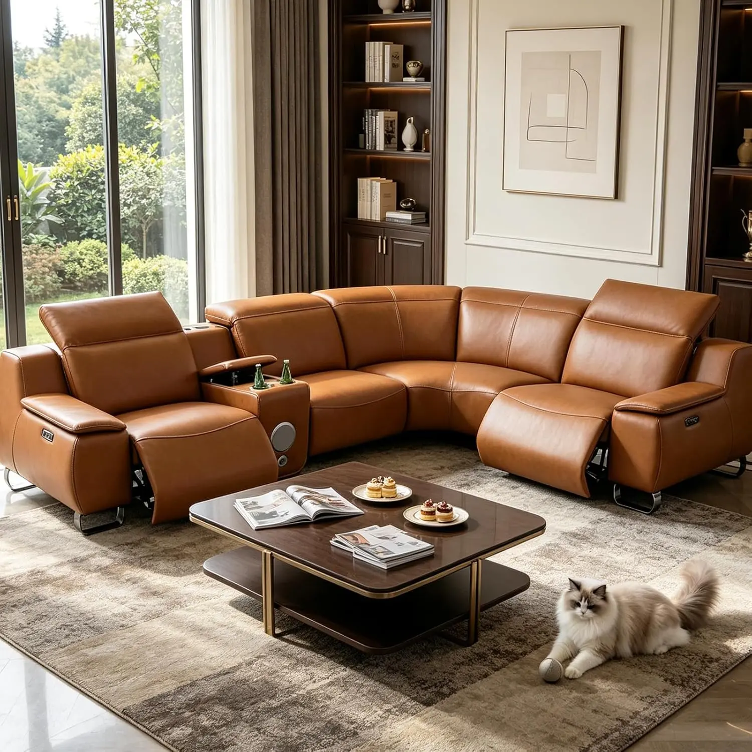 Power Recliner Sectional Sofa, L-Shaped Living Room Furniture Set,,Reclining Sectional Couch with Storage Console/Cup Holder for Living Room/House/Apt (5Seater)