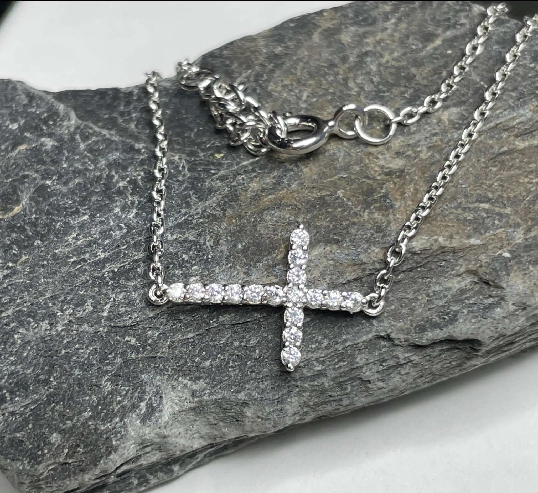 Sideways Cross Necklace- Shiny Sterling Silver and CZ