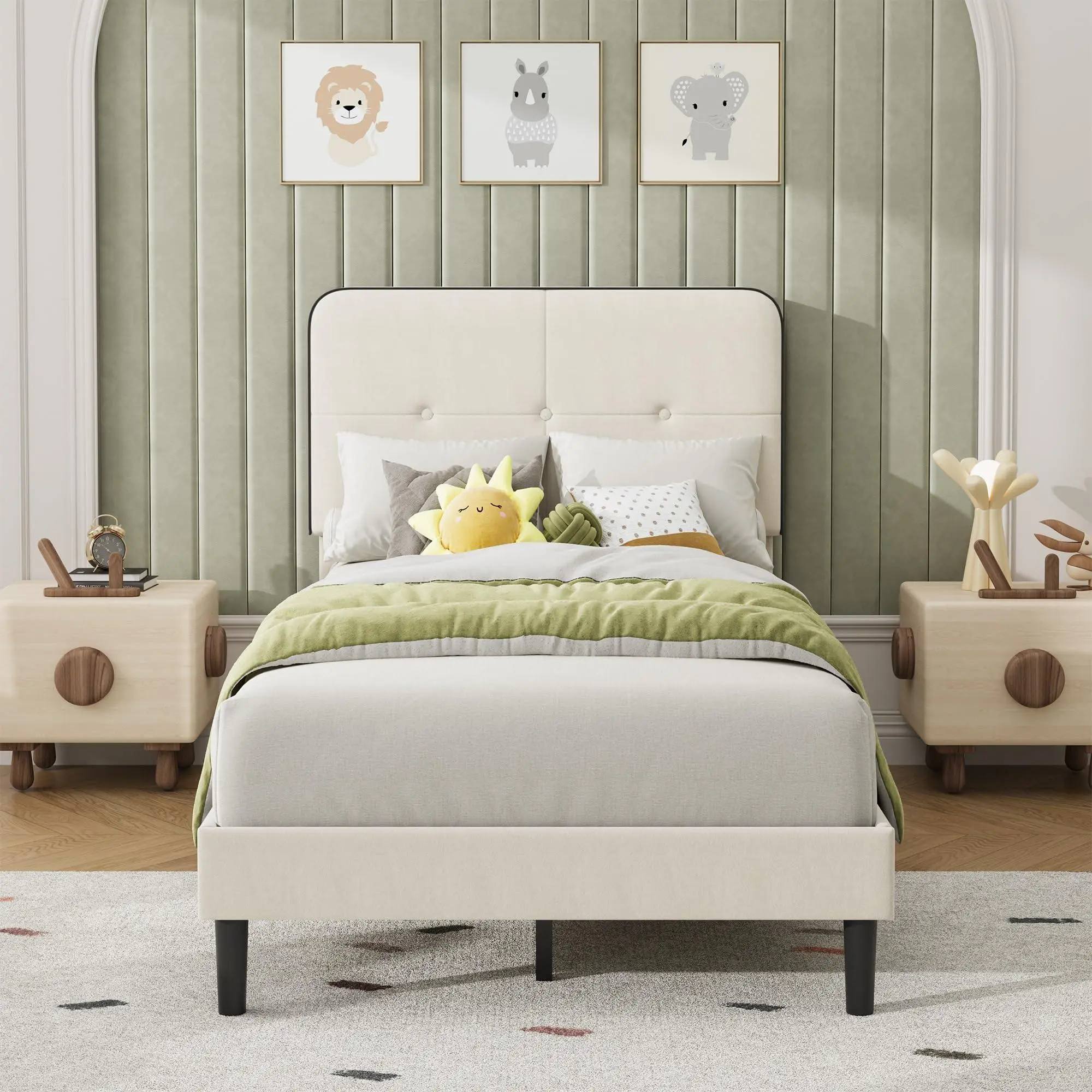 Twin XL Velvet Upholstered Wingback Bed Frame with Adjustable Headboard, Noise-Free Sturdy Metal Support, No Box Spring Needed, Easy Assembly, Easy Setup, White & Black Trim