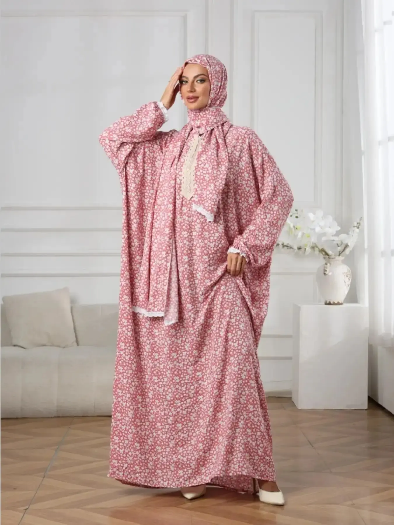Essential Muslim Women's Soft Breathable Hijab Dress For Women Gowns, Modest Style Islamic Modesty Clothes, Lace Trim Floral Print Long Robe, Loose-Fitting Woven Fabric, All Seasons Wear, elegant silhouette