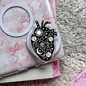 Celestial Anatomical Heart MagSafe Phone Grip, Galaxy Universe Griptok, Space Aesthetic Phone Stand, Black and White Celestial Accessory, Zodiac Moon and Stars Gift