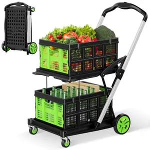Foldable 2-Tier Shopping Cart with Removable Crates, Lightweight Aluminum Frame Portable Grocery Trolley with 4 Wheels for Supermarket, Farmers Market, and Home Storage Use